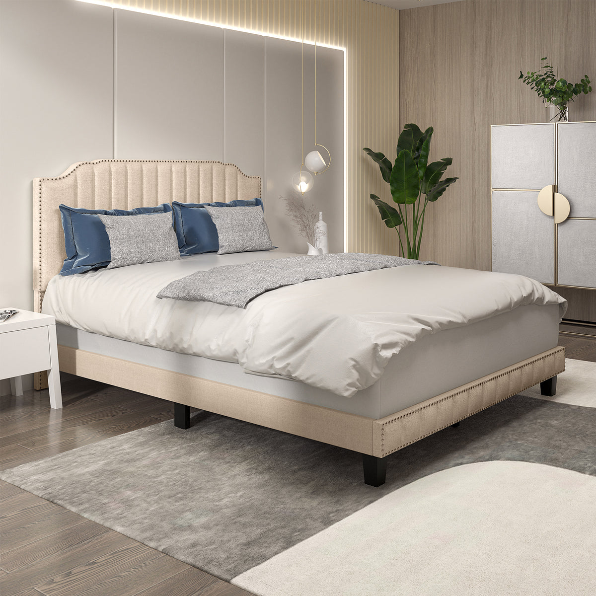 Heavy Duty Upholstered Bed Frame with Rivet Headboard-Queen Size-Simple Bed Frame-DECOROLALA