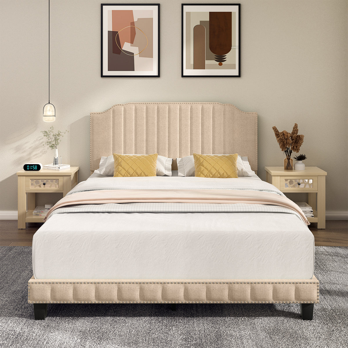 Heavy Duty Upholstered Bed Frame with Rivet Headboard-Queen Size-Simple Bed Frame-DECOROLALA