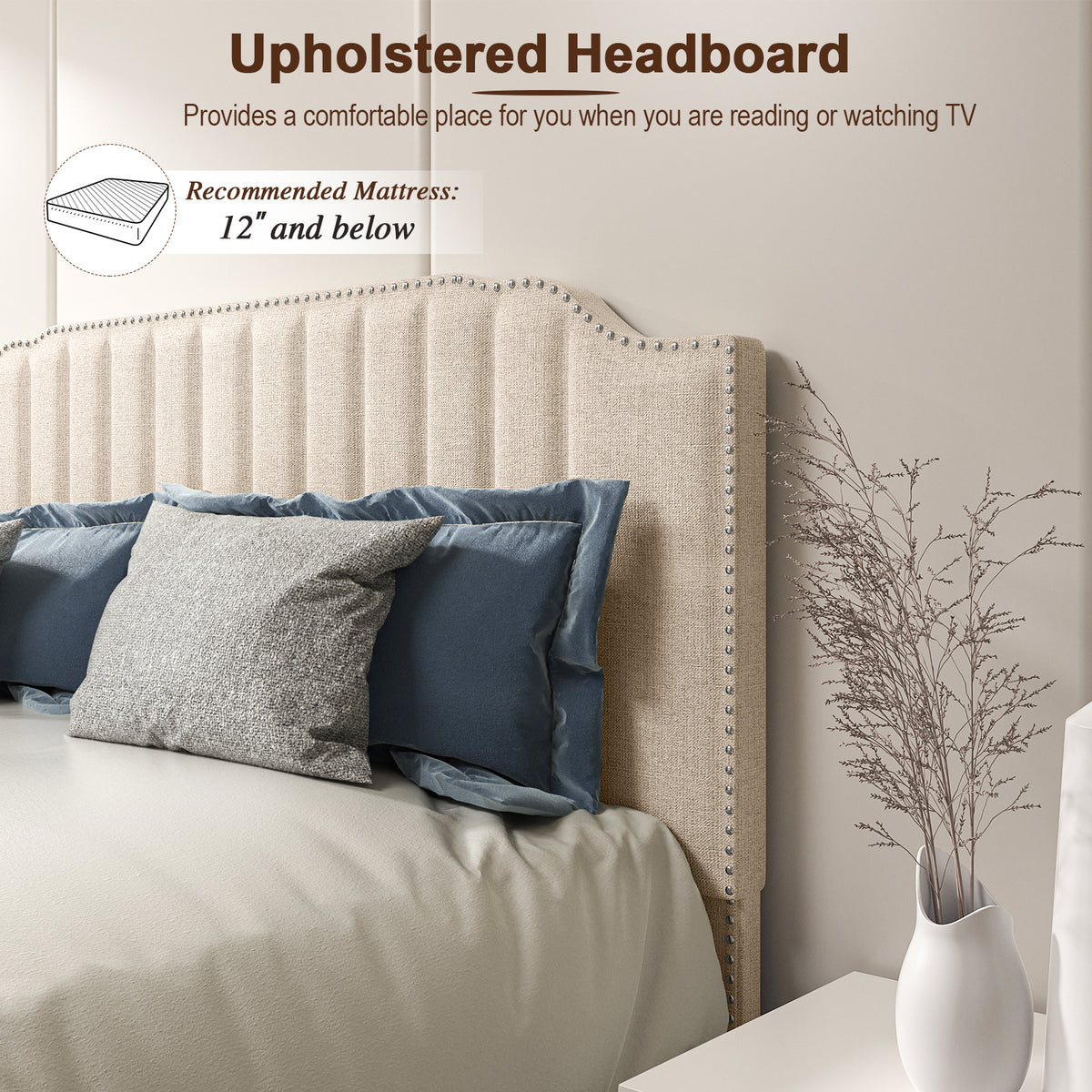 Heavy Duty Upholstered Bed Frame with Rivet Headboard-Queen Size-Simple Bed Frame-DECOROLALA