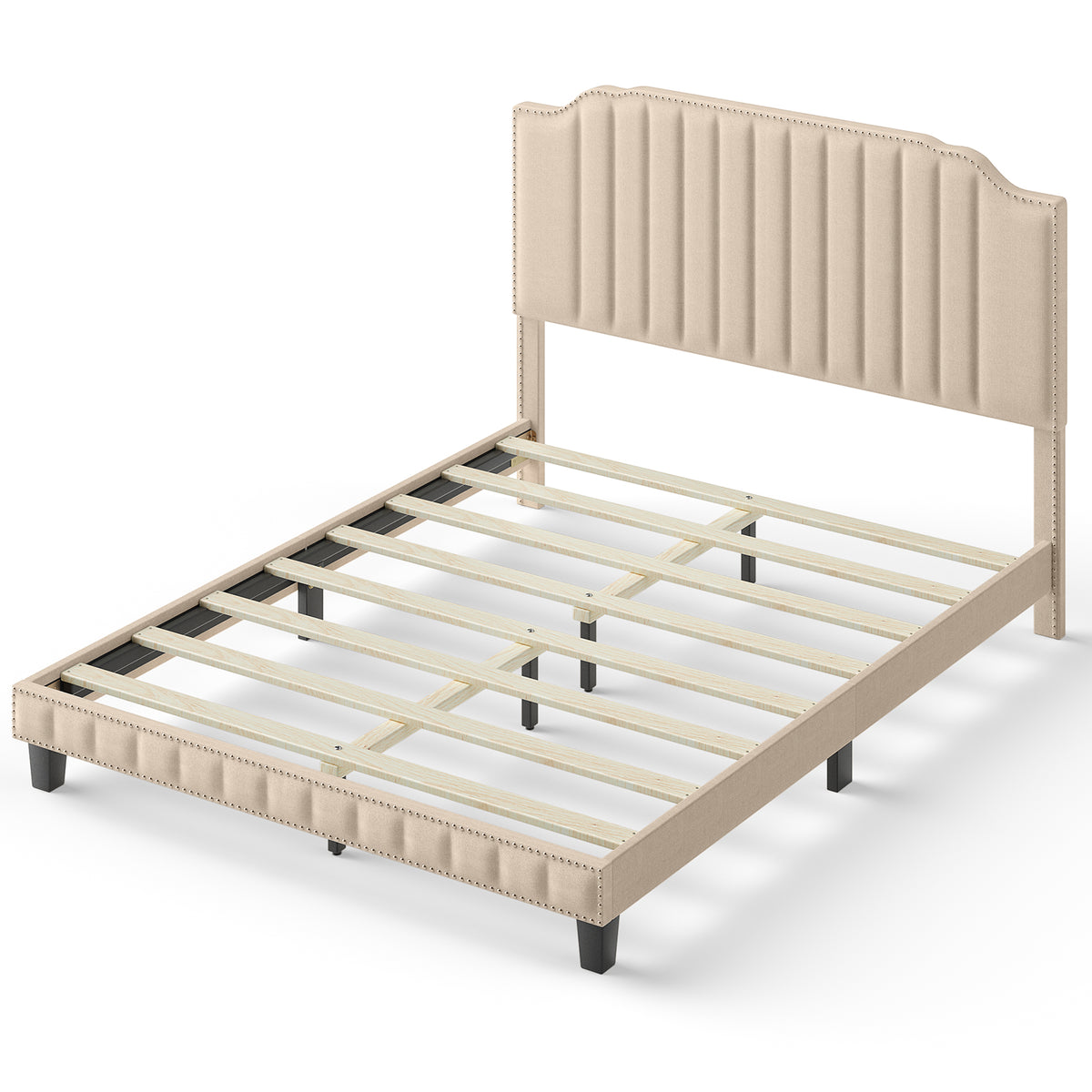 Heavy Duty Upholstered Bed Frame with Rivet Headboard-Queen Size-Simple Bed Frame-DECOROLALA