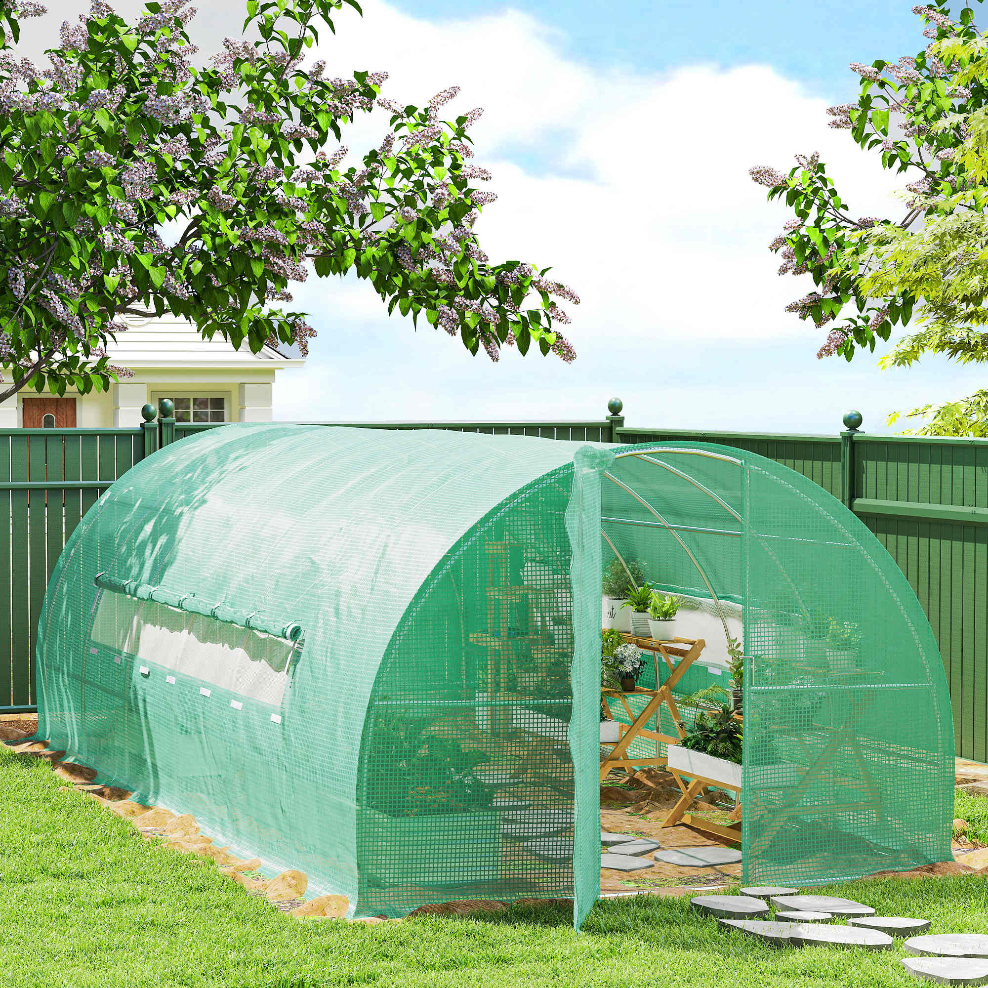 Heavy Duty Walk-in Tunnel Greenhouse 20x10x6.6ft - Green PE Cover-DECOROLALA