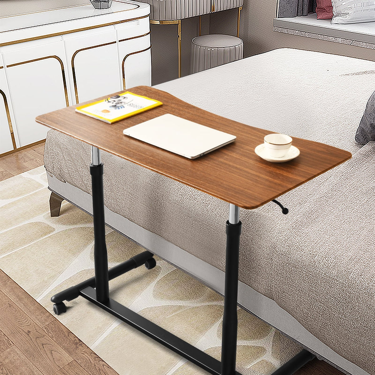 Height Adjustable Computer Desk Sit to Stand Rolling Notebook Table-Brown-Standing Desks-DECOROLALA