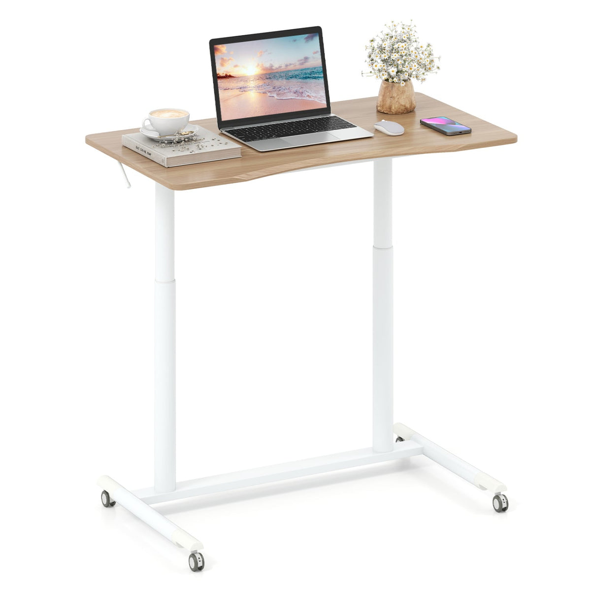 Height Adjustable Computer Desk Sit to Stand Rolling Notebook Table -Natural-Standing Desks-DECOROLALA
