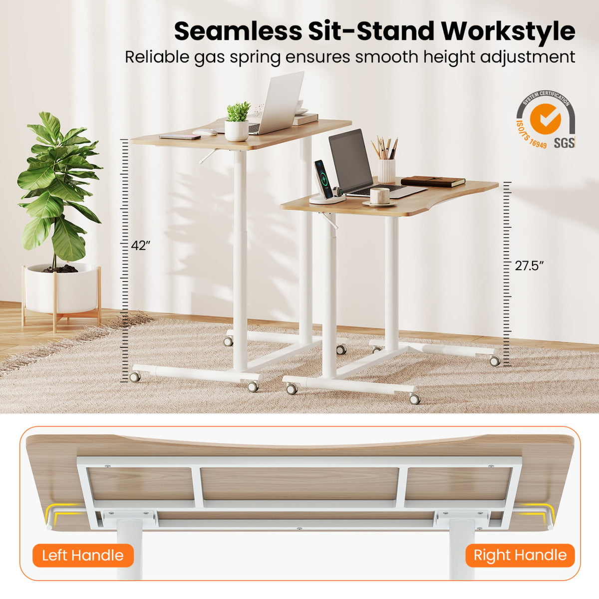 Height Adjustable Computer Desk Sit to Stand Rolling Notebook Table -Natural-Standing Desks-DECOROLALA