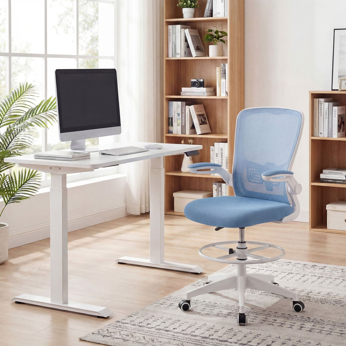 Height Adjustable Drafting Chair with Flip Up Arms for Home Office-Blue-Mesh Office Chairs-DECOROLALA