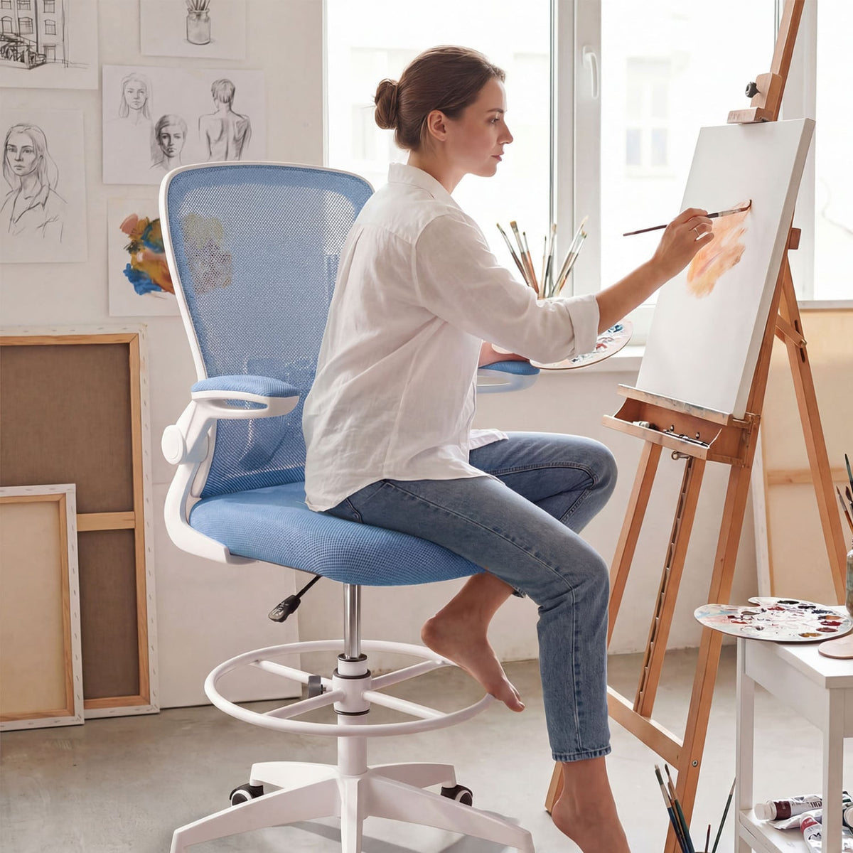 Height Adjustable Drafting Chair with Flip Up Arms for Home Office-Blue-Mesh Office Chairs-DECOROLALA