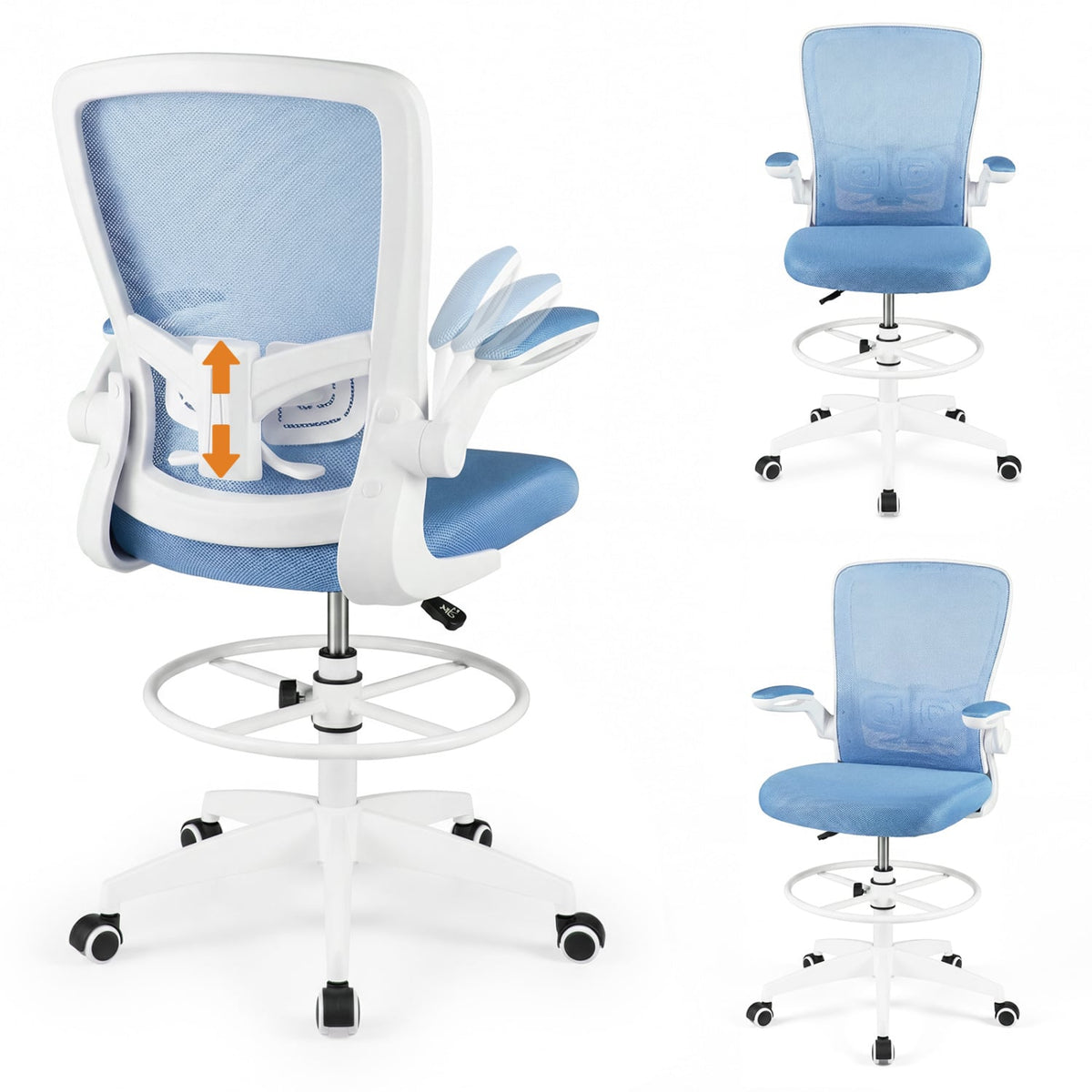 Height Adjustable Drafting Chair with Flip Up Arms for Home Office-Blue-Mesh Office Chairs-DECOROLALA