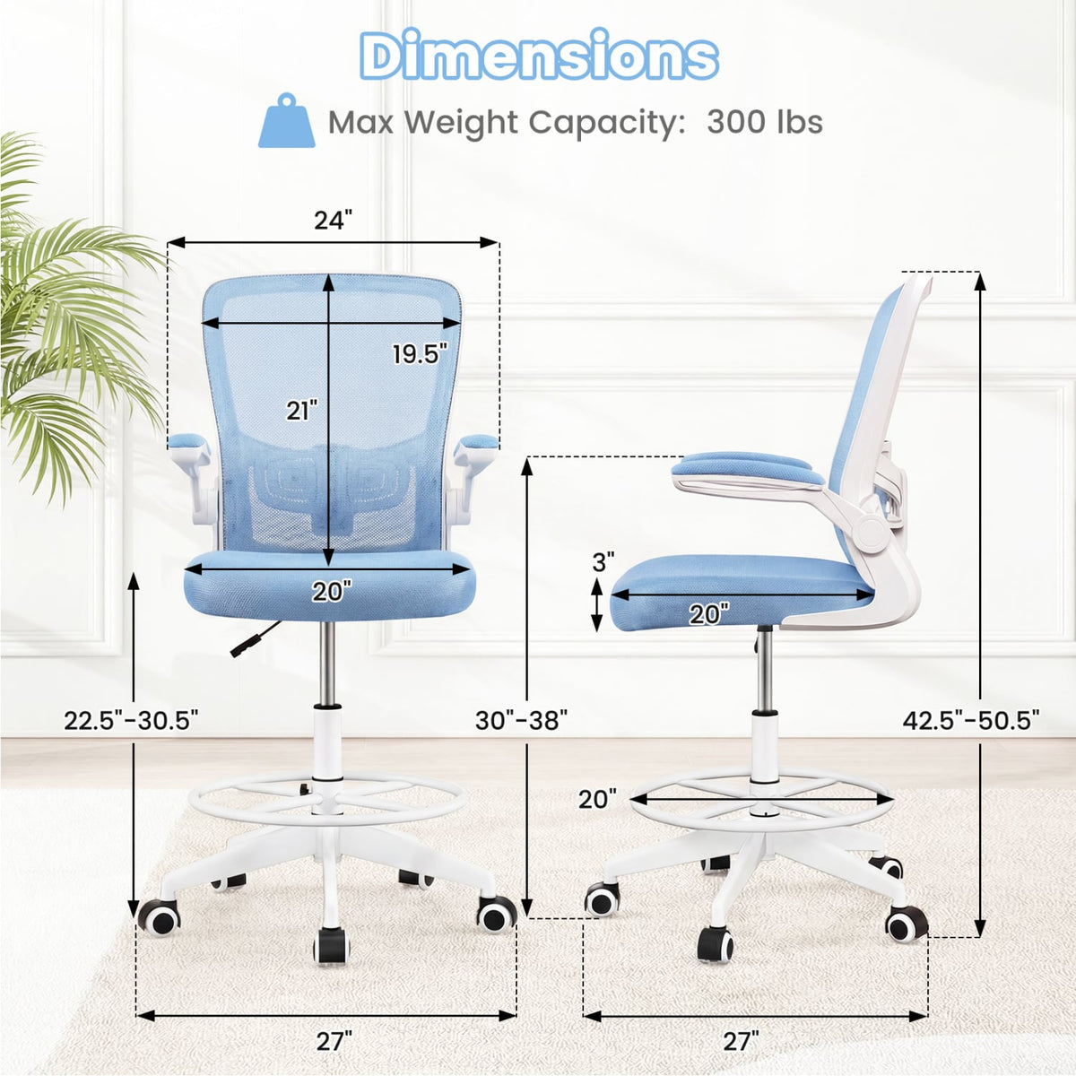 Height Adjustable Drafting Chair with Flip Up Arms for Home Office-Blue-Mesh Office Chairs-DECOROLALA