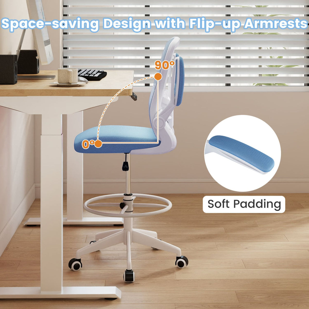 Height Adjustable Drafting Chair with Flip Up Arms for Home Office-Blue-Mesh Office Chairs-DECOROLALA