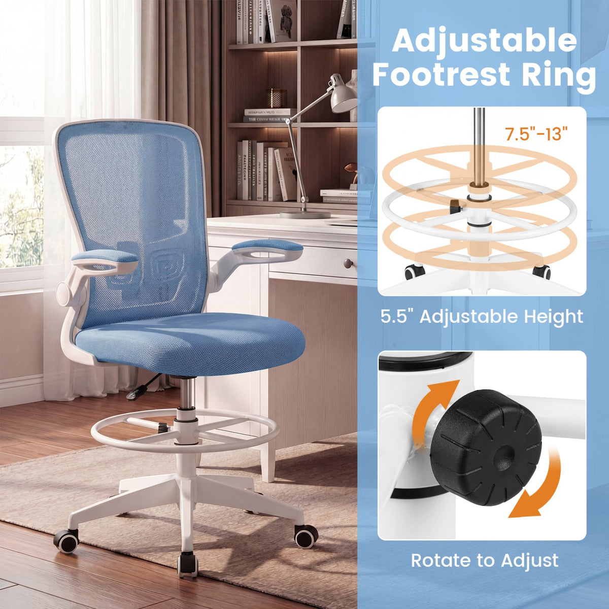Height Adjustable Drafting Chair with Flip Up Arms for Home Office-Blue-Mesh Office Chairs-DECOROLALA