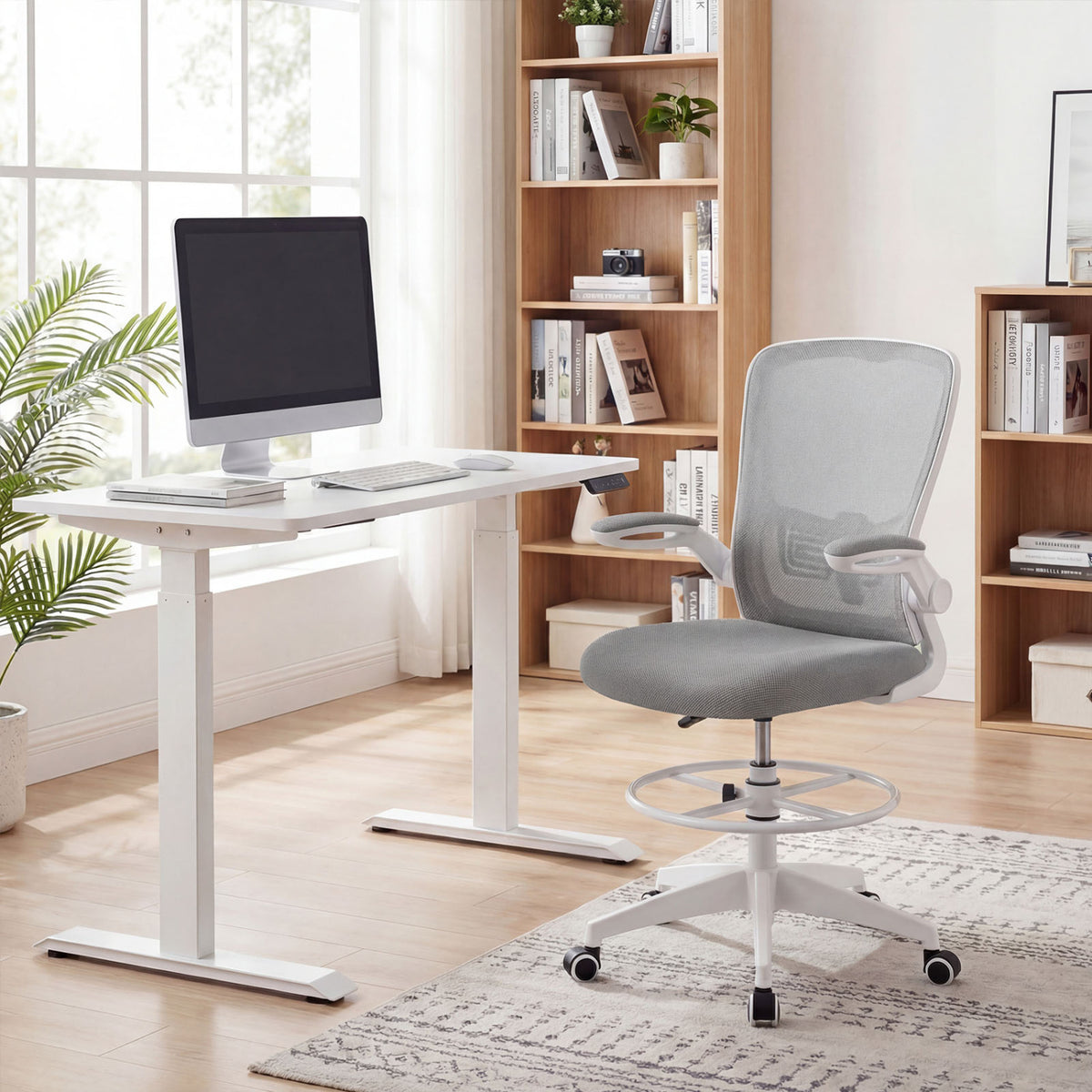 Height Adjustable Drafting Chair with Flip Up Arms for Home Office-Gray-Mesh Office Chairs-DECOROLALA