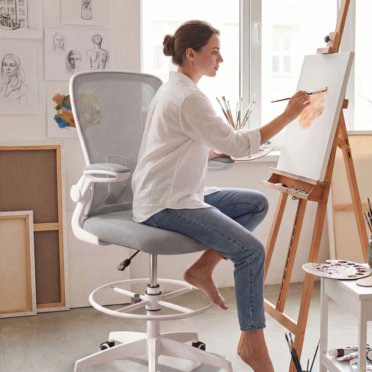 Height Adjustable Drafting Chair with Flip Up Arms for Home Office-Gray-Mesh Office Chairs-DECOROLALA