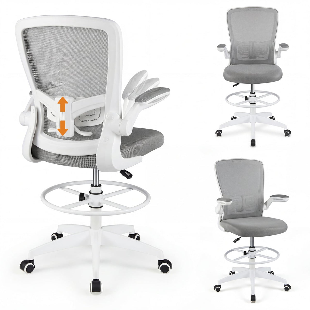 Height Adjustable Drafting Chair with Flip Up Arms for Home Office-Gray-Mesh Office Chairs-DECOROLALA