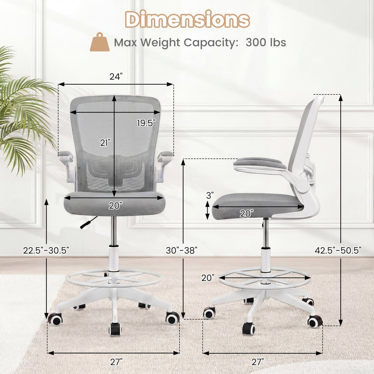 Height Adjustable Drafting Chair with Flip Up Arms for Home Office-Gray-Mesh Office Chairs-DECOROLALA