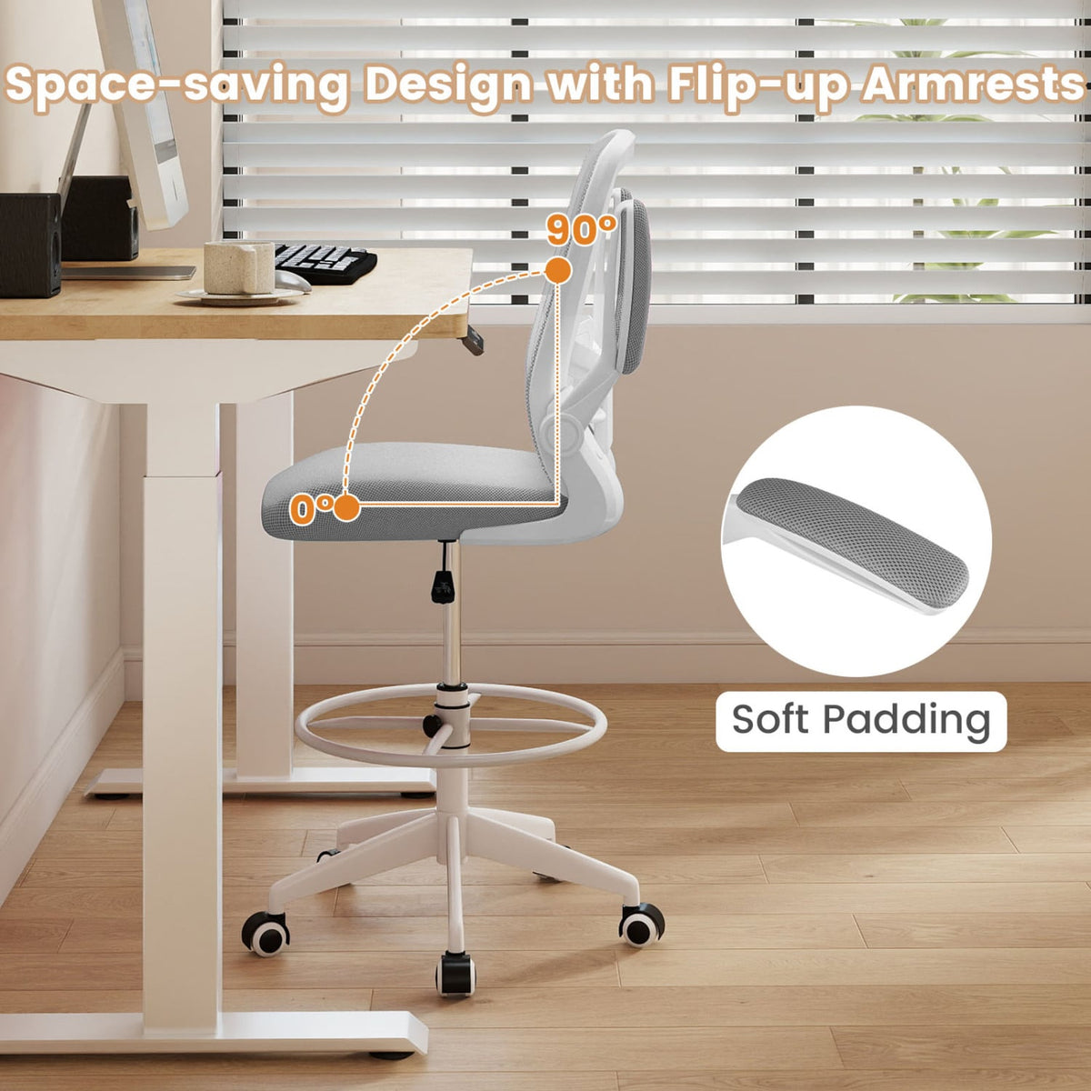 Height Adjustable Drafting Chair with Flip Up Arms for Home Office-Gray-Mesh Office Chairs-DECOROLALA