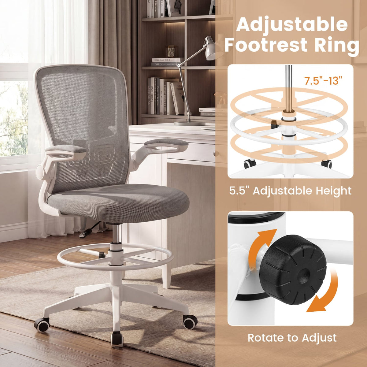 Height Adjustable Drafting Chair with Flip Up Arms for Home Office-Gray-Mesh Office Chairs-DECOROLALA