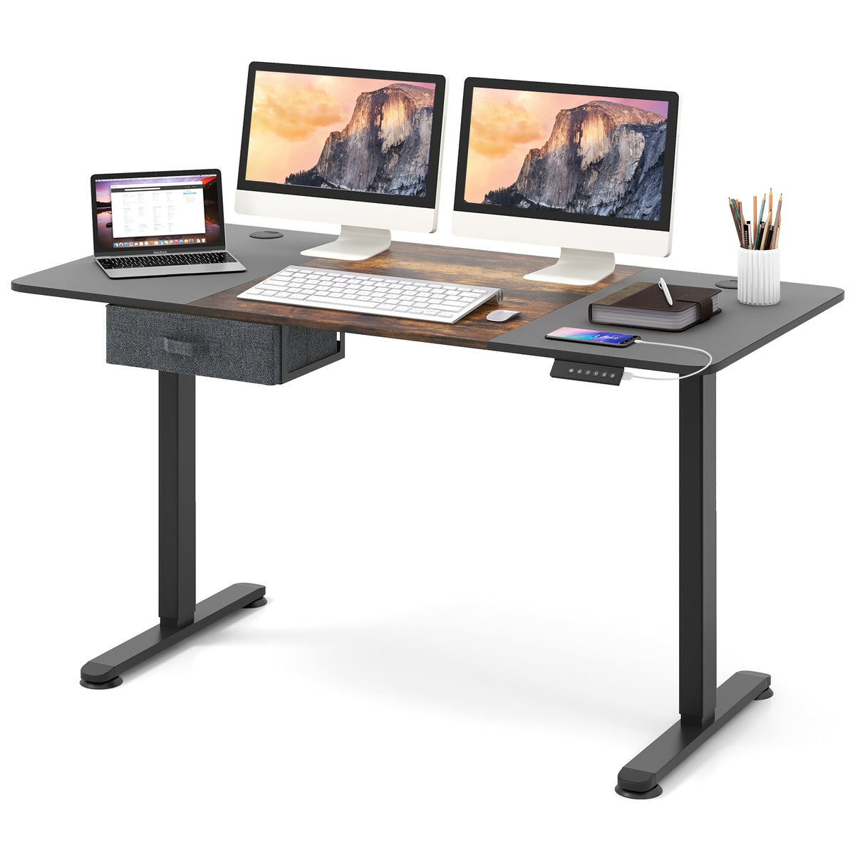 Height Adjustable Electric Standing Desk with USB Charging Port-Rustic Brown-Standing Desks-DECOROLALA