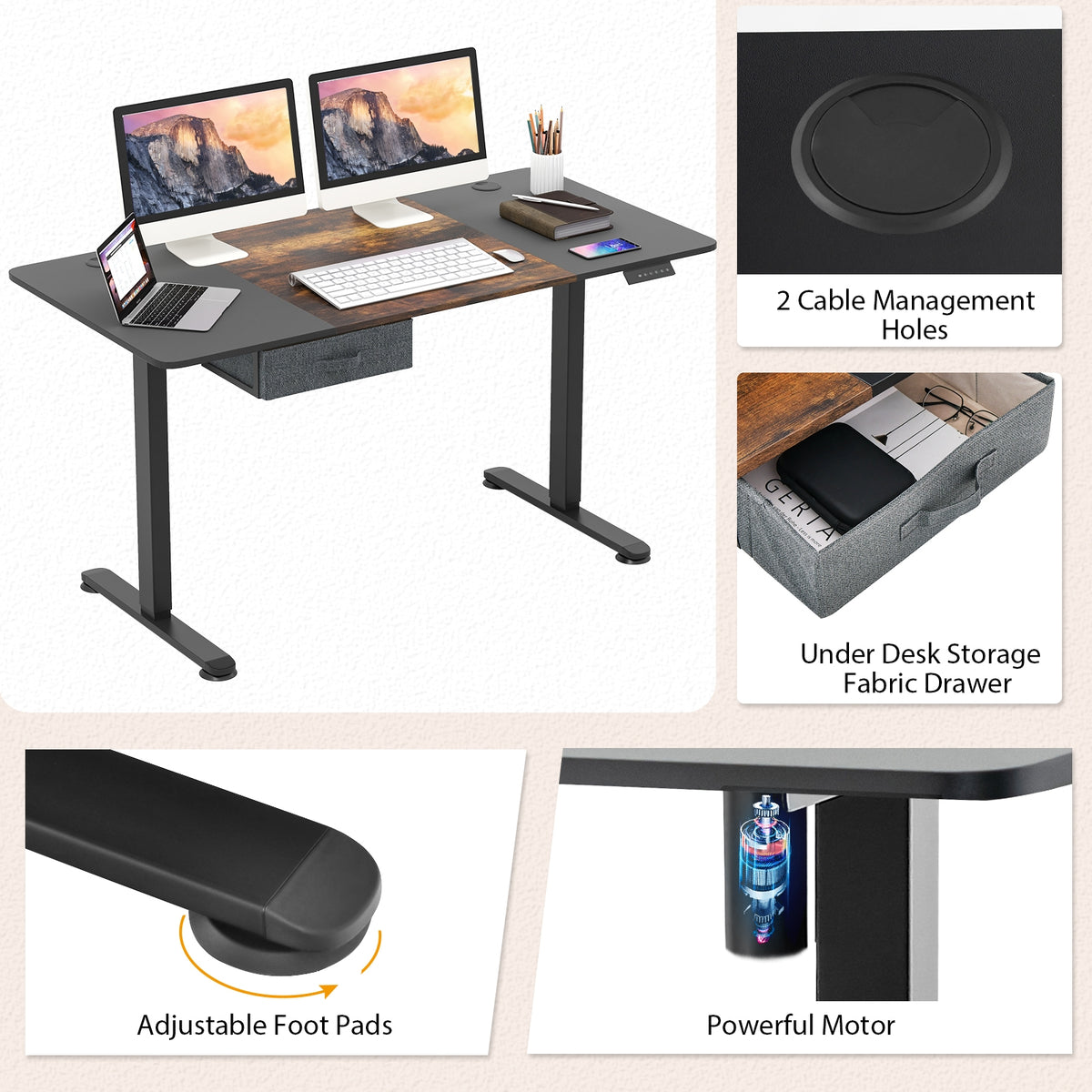 Height Adjustable Electric Standing Desk with USB Charging Port-Rustic Brown-Standing Desks-DECOROLALA