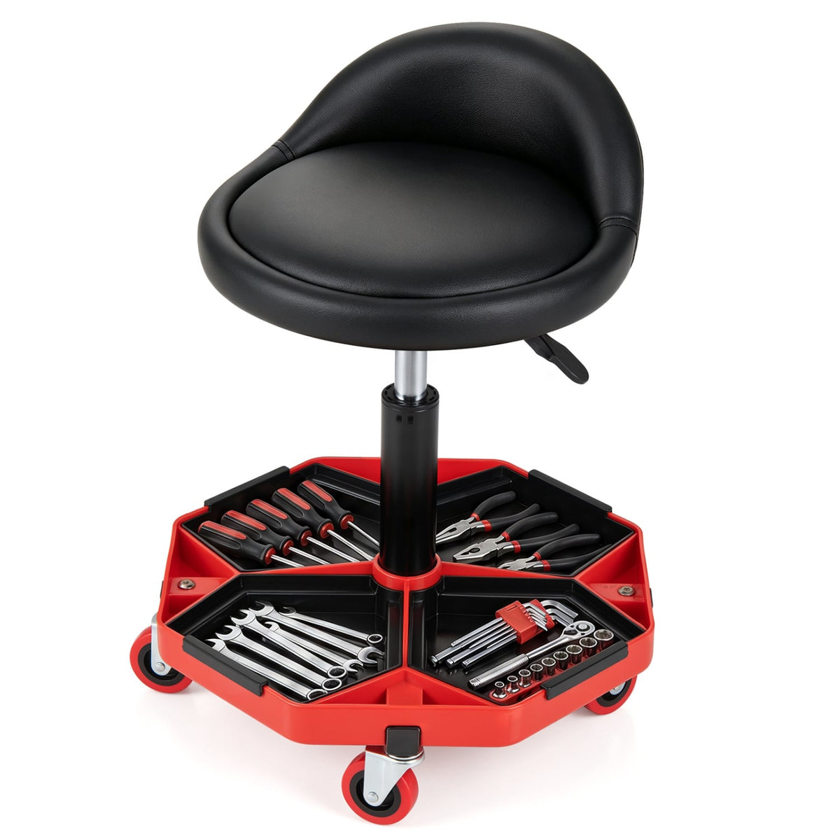 Height Adjustable Garage Seat with and PU Leather Seat Cushion-Blackred-Garages-DECOROLALA