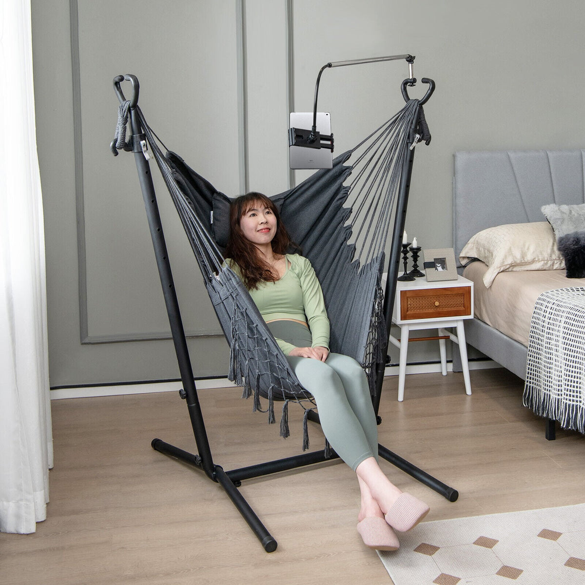Height Adjustable Hammock Chair with Phone Holder and Side Pocket-Gray-Hammocks-DECOROLALA