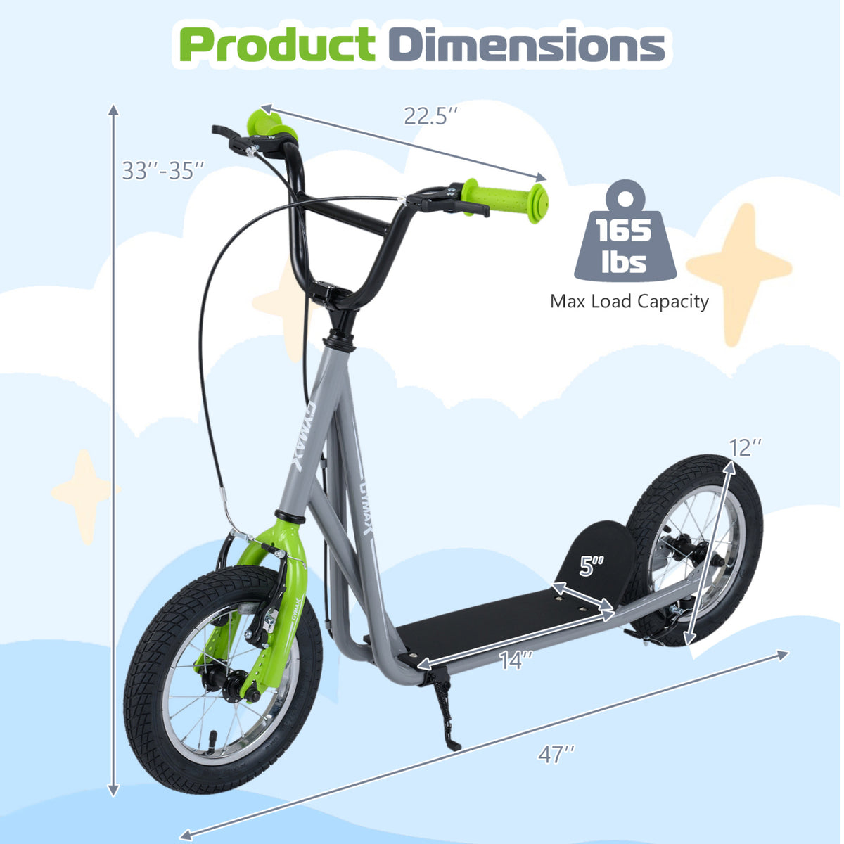 Height Adjustable Kid Kick Scooter with 12 Inch Air Filled Wheel