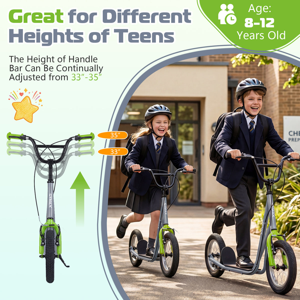 Height Adjustable Kid Kick Scooter with 12 Inch Air Filled Wheel