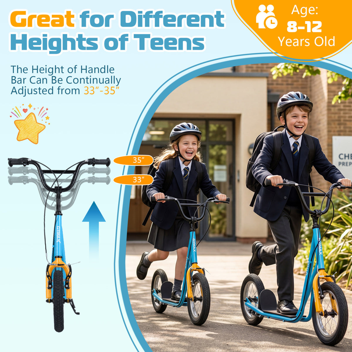 Height Adjustable Kid Kick Scooter with 12 Inch Air Filled Wheel