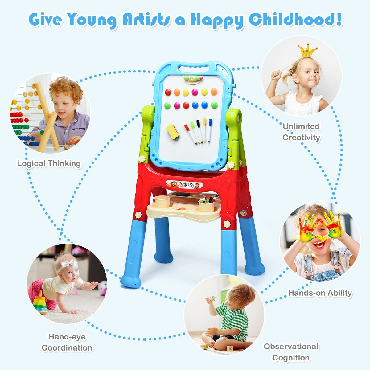 Height Adjustable Kids Art Easel - Magnetic Double-Sided Board