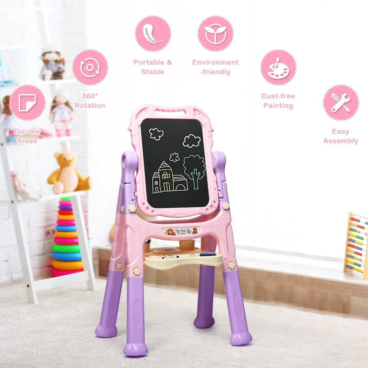 Height Adjustable Kids Art Easel - Magnetic Double-Sided Board
