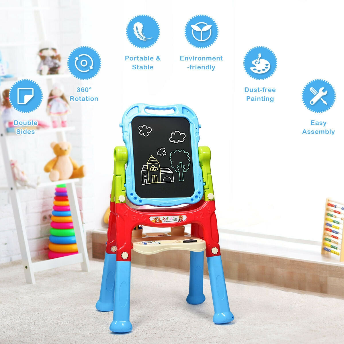 Height Adjustable Kids Art Easel - Magnetic Double-Sided Board