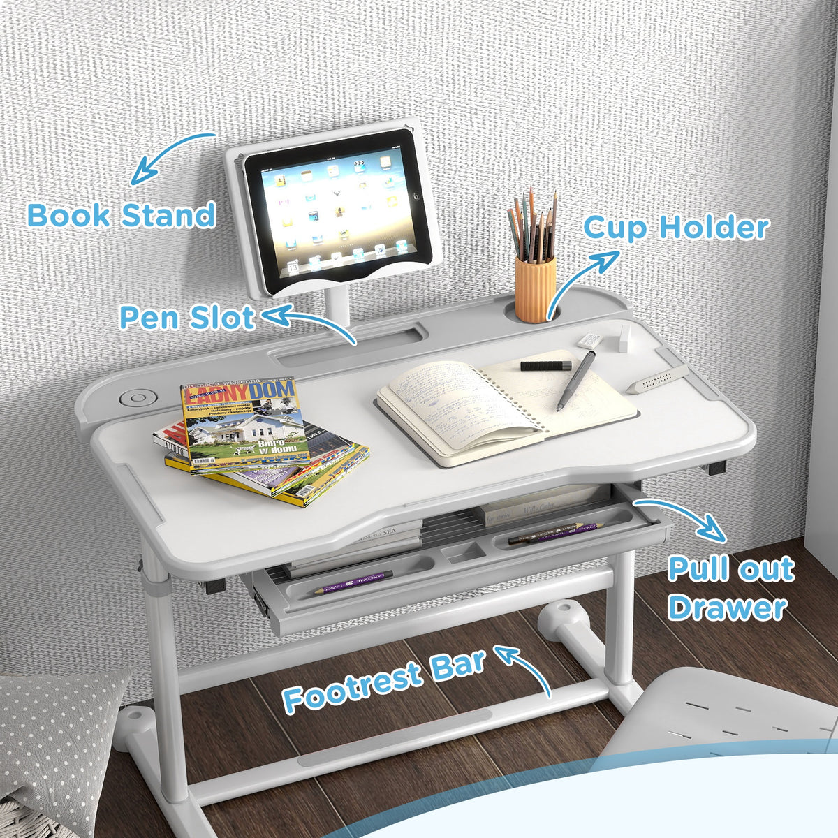 Height Adjustable Kids Desk and Chair Set - White-Toys & Games > Toddler & Kids Furniture > Kids Desk Sets-DECOROLALA
