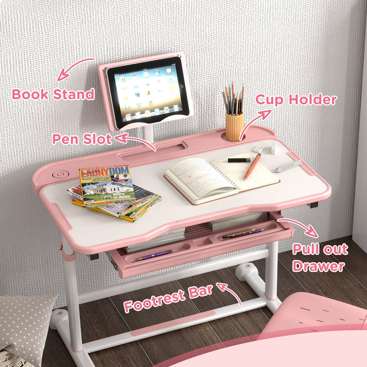 Height Adjustable Kids Desk and Chair Set - White-Toys & Games > Toddler & Kids Furniture > Kids Desk Sets-DECOROLALA