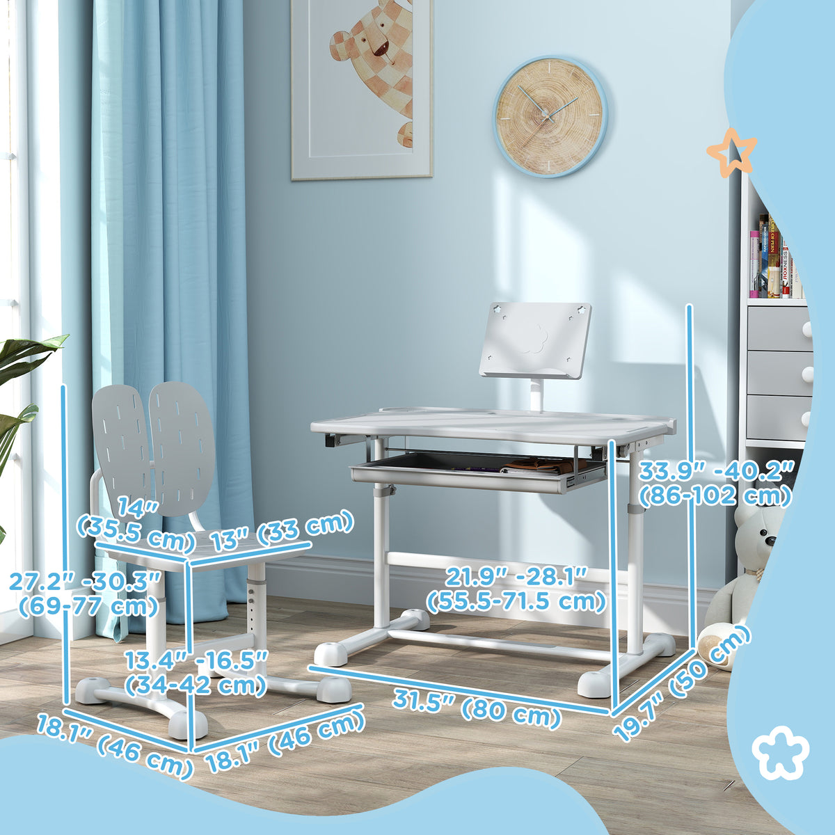 Height Adjustable Kids Desk and Chair Set - White-Toys & Games > Toddler & Kids Furniture > Kids Desk Sets-DECOROLALA