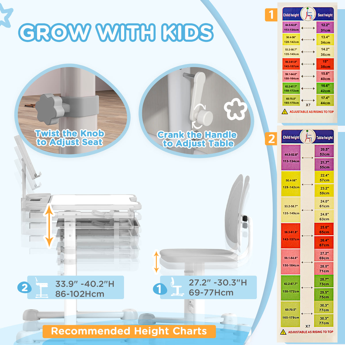 Height Adjustable Kids Desk and Chair Set - White-Toys & Games > Toddler & Kids Furniture > Kids Desk Sets-DECOROLALA
