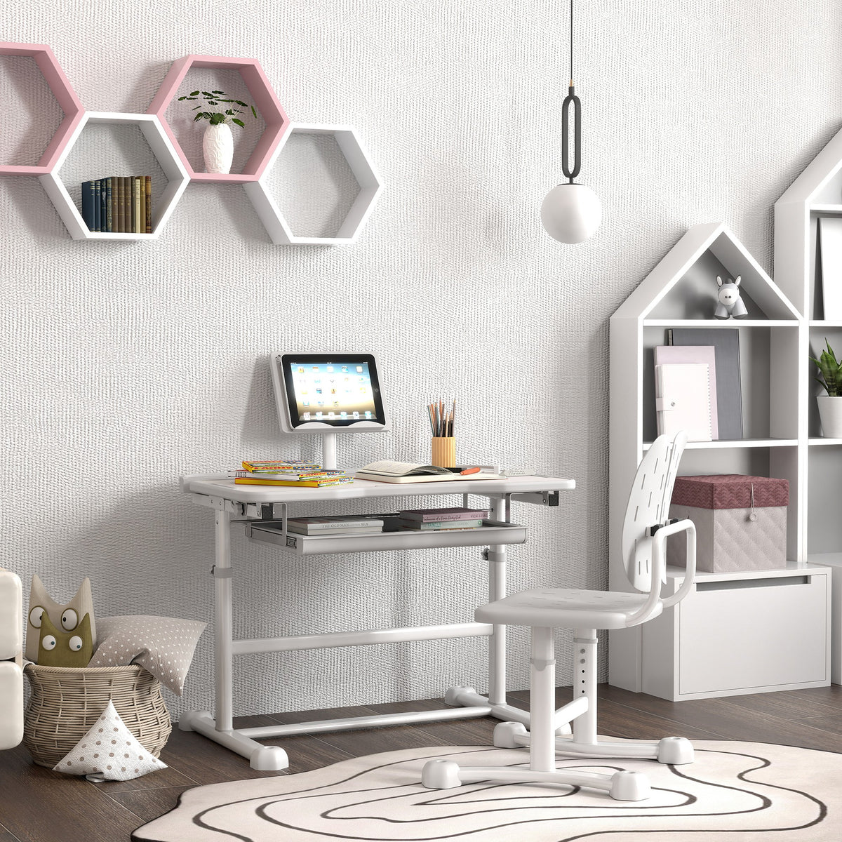 Height Adjustable Kids Desk and Chair Set with Tilt Desktop, Large Writing Board, Storage Drawer, Book Stand-Toys & Games > Toddler & Kids Furniture > Kids Desk Sets-DECOROLALA