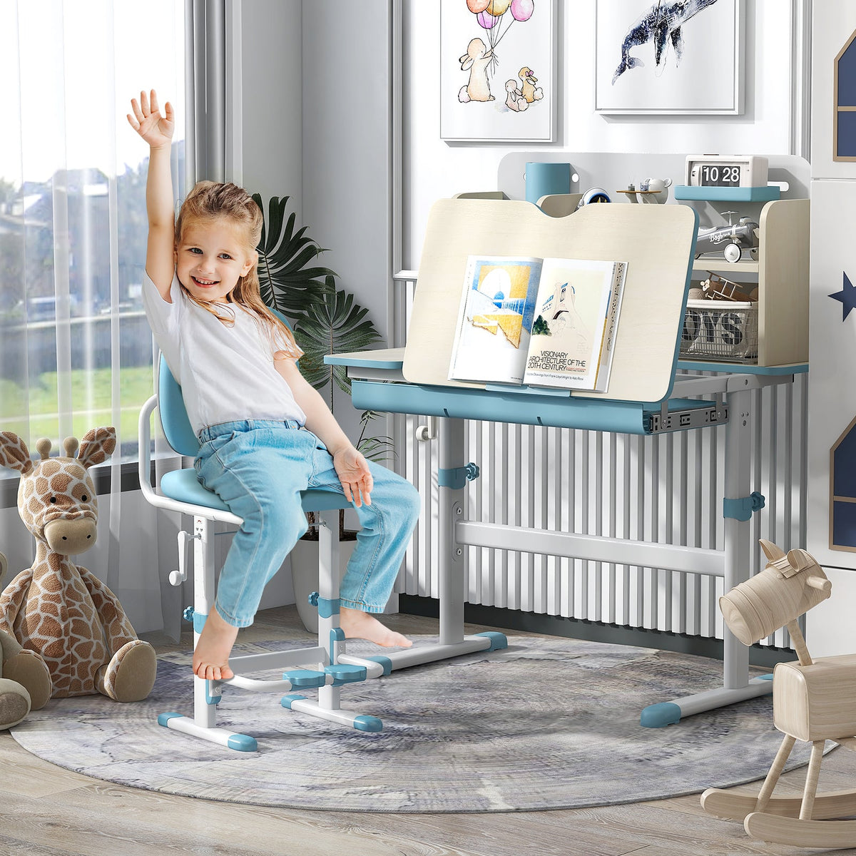 Height Adjustable Kids Study Desk with Tilt Desktop for 3-12 Years Old-Blue-Kids Tables & Chair Sets-DECOROLALA