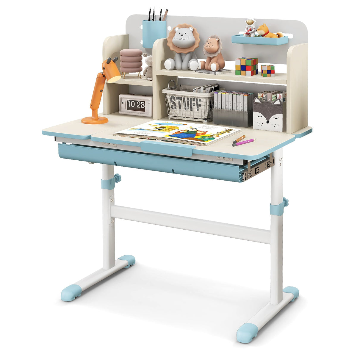 Height Adjustable Kids Study Desk with Tilt Desktop for 3-12 Years Old-Blue-Kids Tables & Chair Sets-DECOROLALA