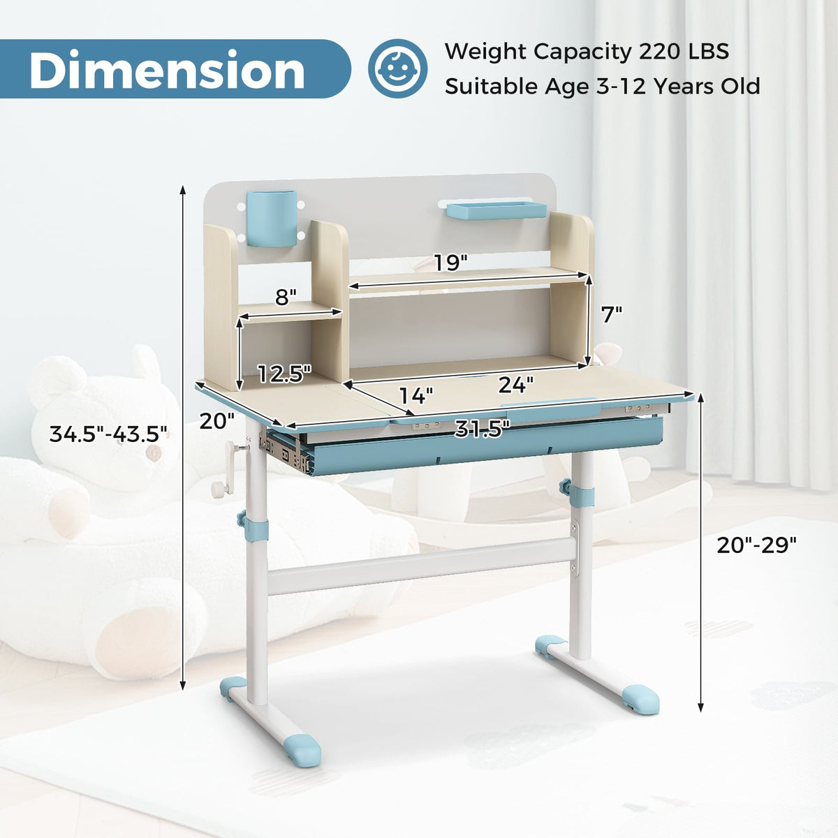 Height Adjustable Kids Study Desk with Tilt Desktop for 3-12 Years Old-Blue-Kids Tables & Chair Sets-DECOROLALA