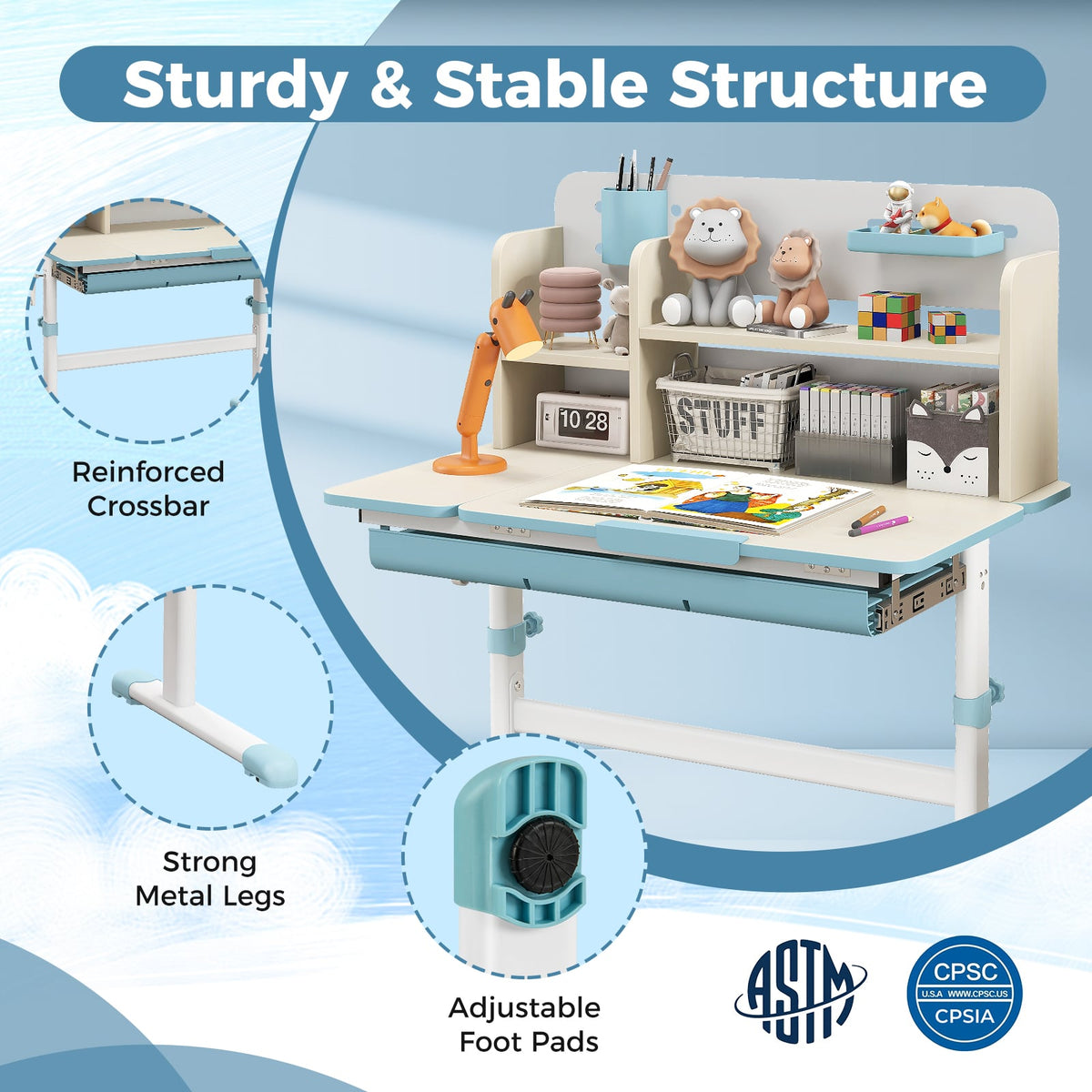 Height Adjustable Kids Study Desk with Tilt Desktop for 3-12 Years Old-Blue-Kids Tables & Chair Sets-DECOROLALA