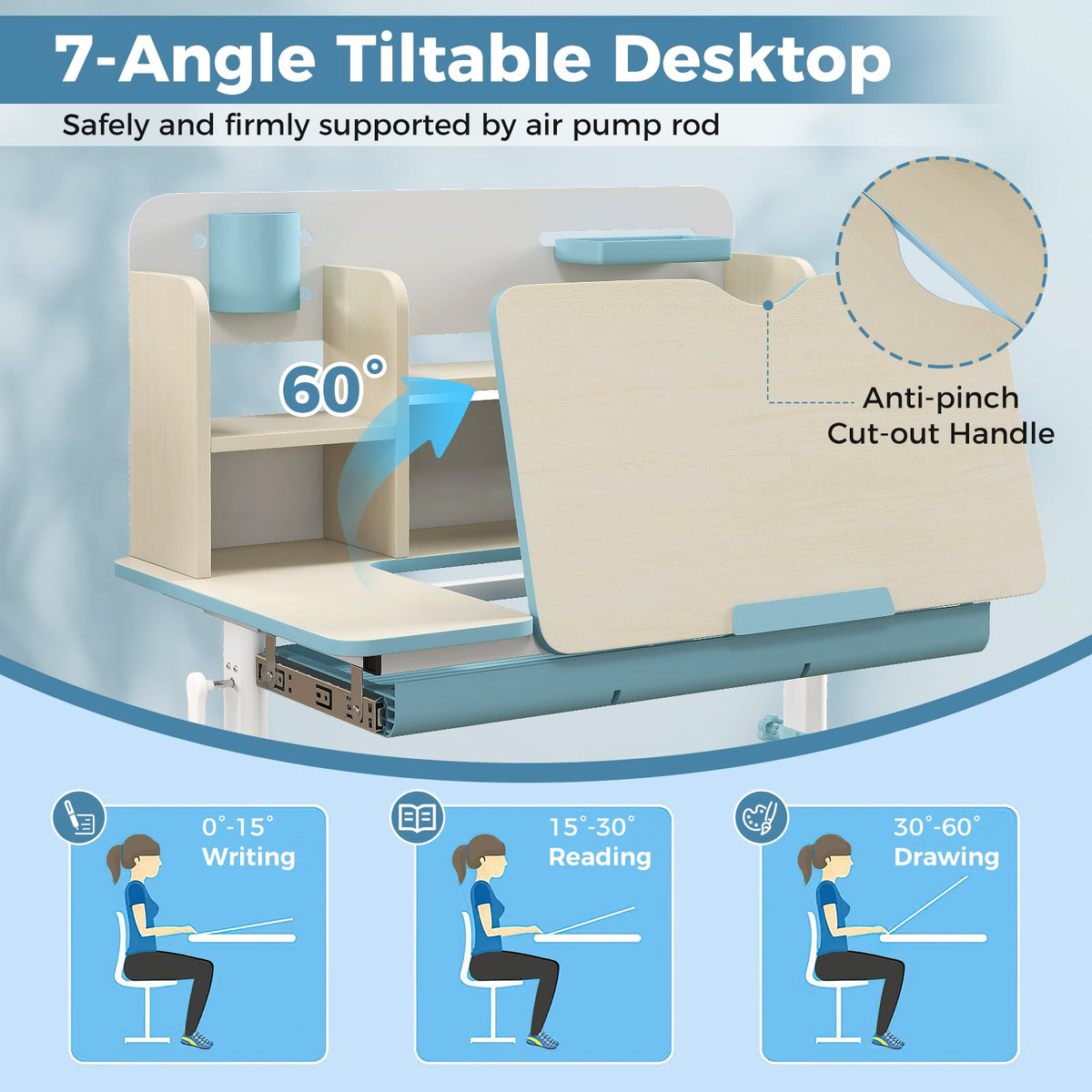 Height Adjustable Kids Study Desk with Tilt Desktop for 3-12 Years Old-Blue-Kids Tables & Chair Sets-DECOROLALA