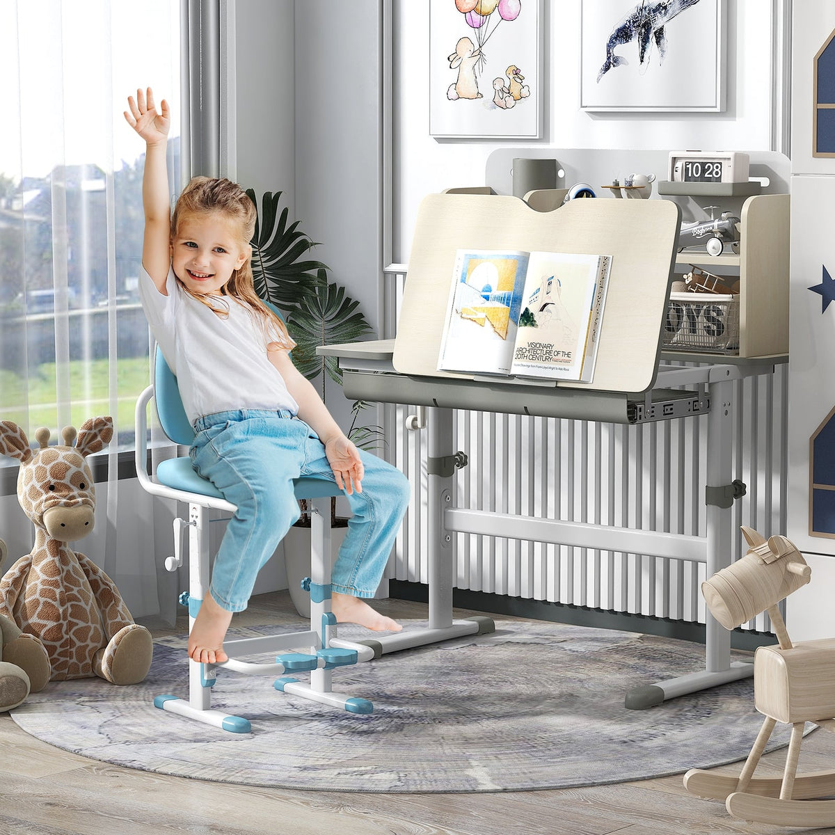 Height Adjustable Kids Study Desk with Tilt Desktop for 3-12 Years Old-Gray-Kids Tables & Chair Sets-DECOROLALA