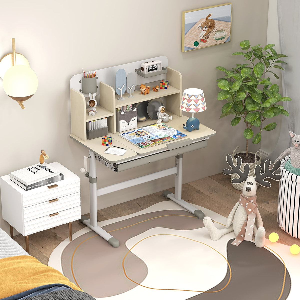 Height Adjustable Kids Study Desk with Tilt Desktop for 3-12 Years Old-Gray-Kids Tables & Chair Sets-DECOROLALA