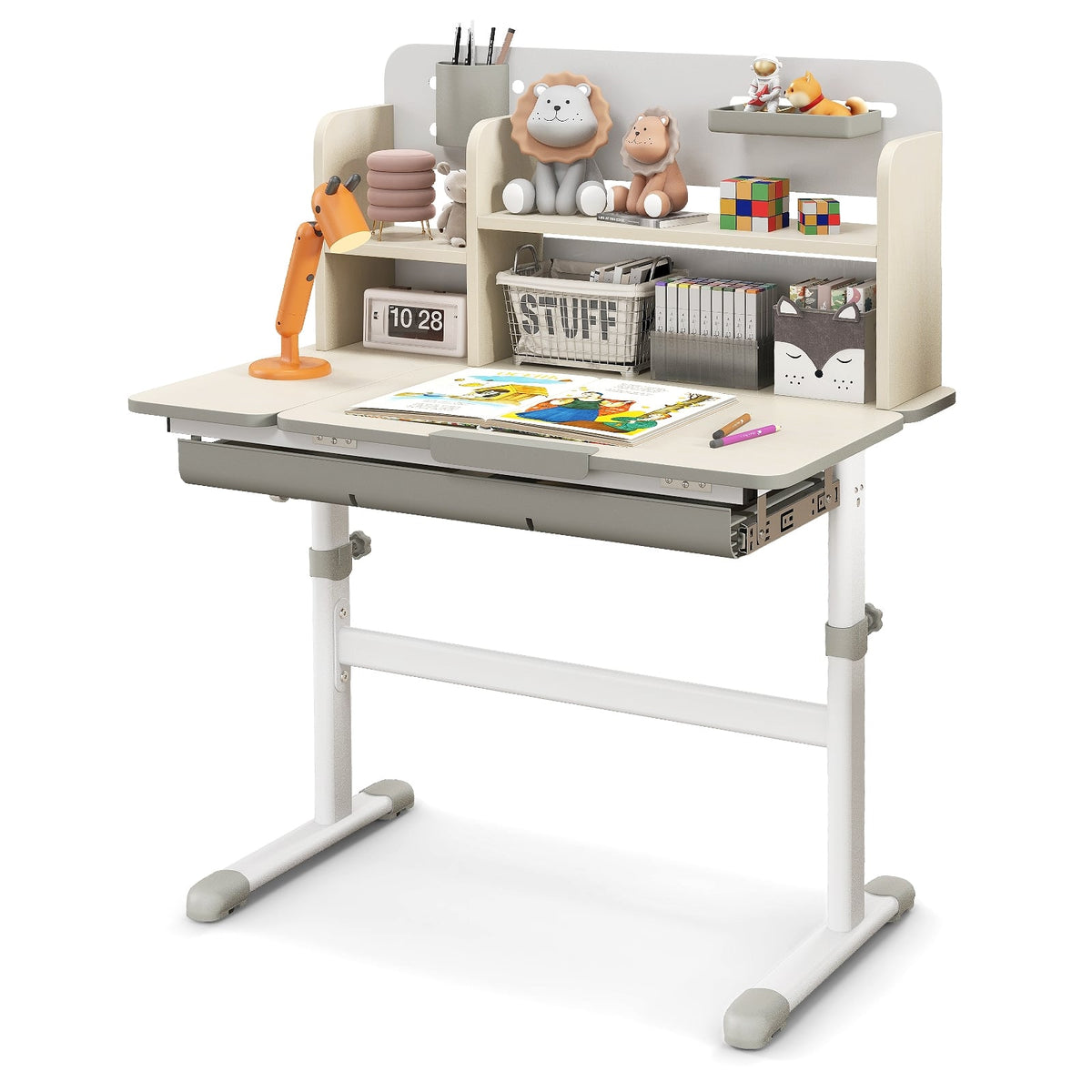 Height Adjustable Kids Study Desk with Tilt Desktop for 3-12 Years Old-Gray-Kids Tables & Chair Sets-DECOROLALA