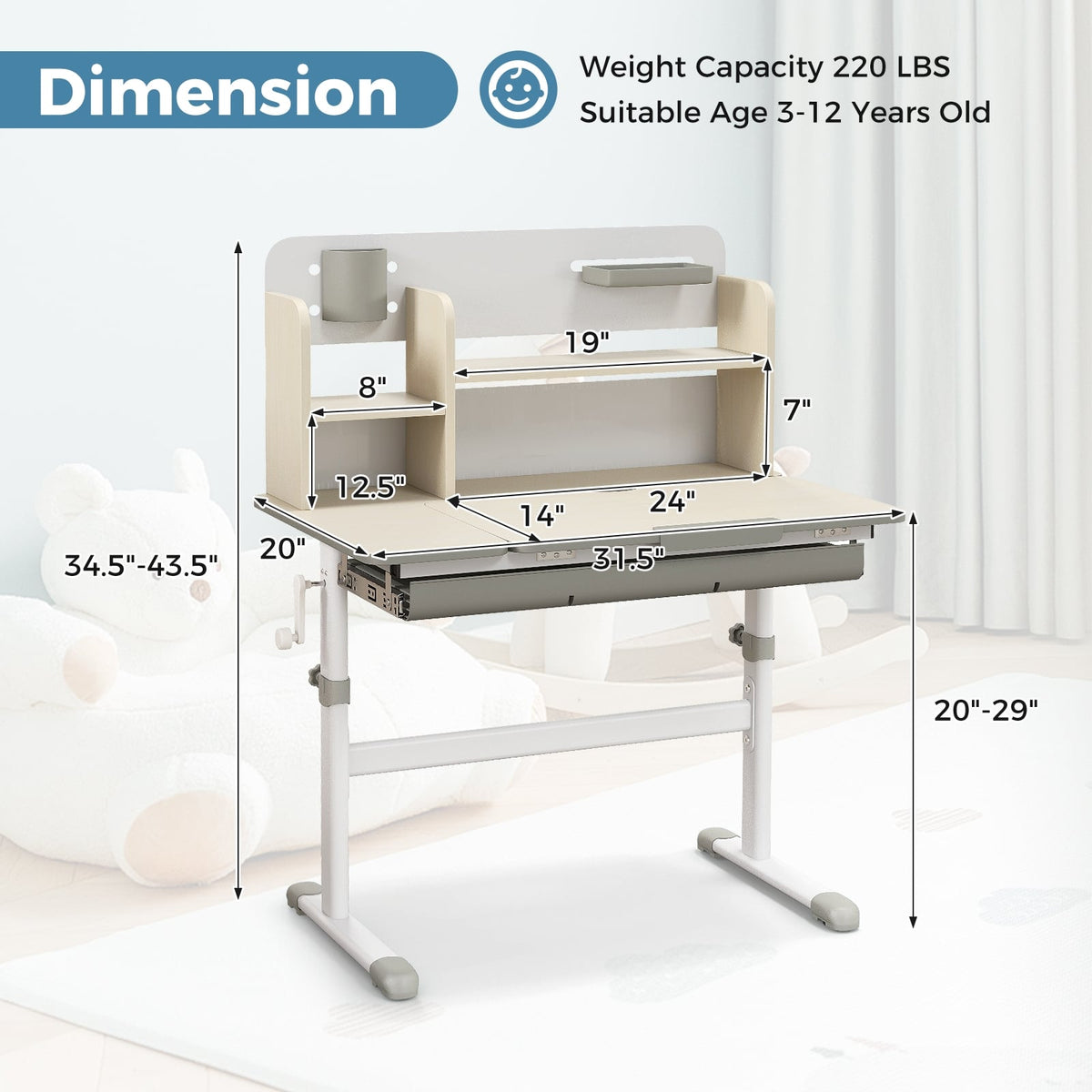 Height Adjustable Kids Study Desk with Tilt Desktop for 3-12 Years Old-Gray-Kids Tables & Chair Sets-DECOROLALA