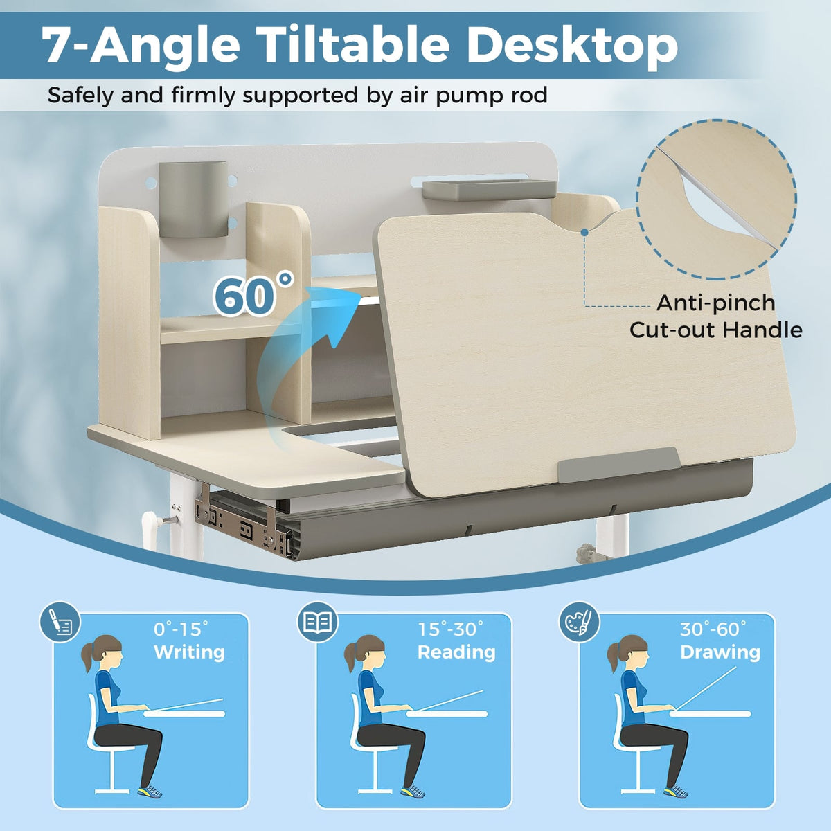 Height Adjustable Kids Study Desk with Tilt Desktop for 3-12 Years Old-Gray-Kids Tables & Chair Sets-DECOROLALA