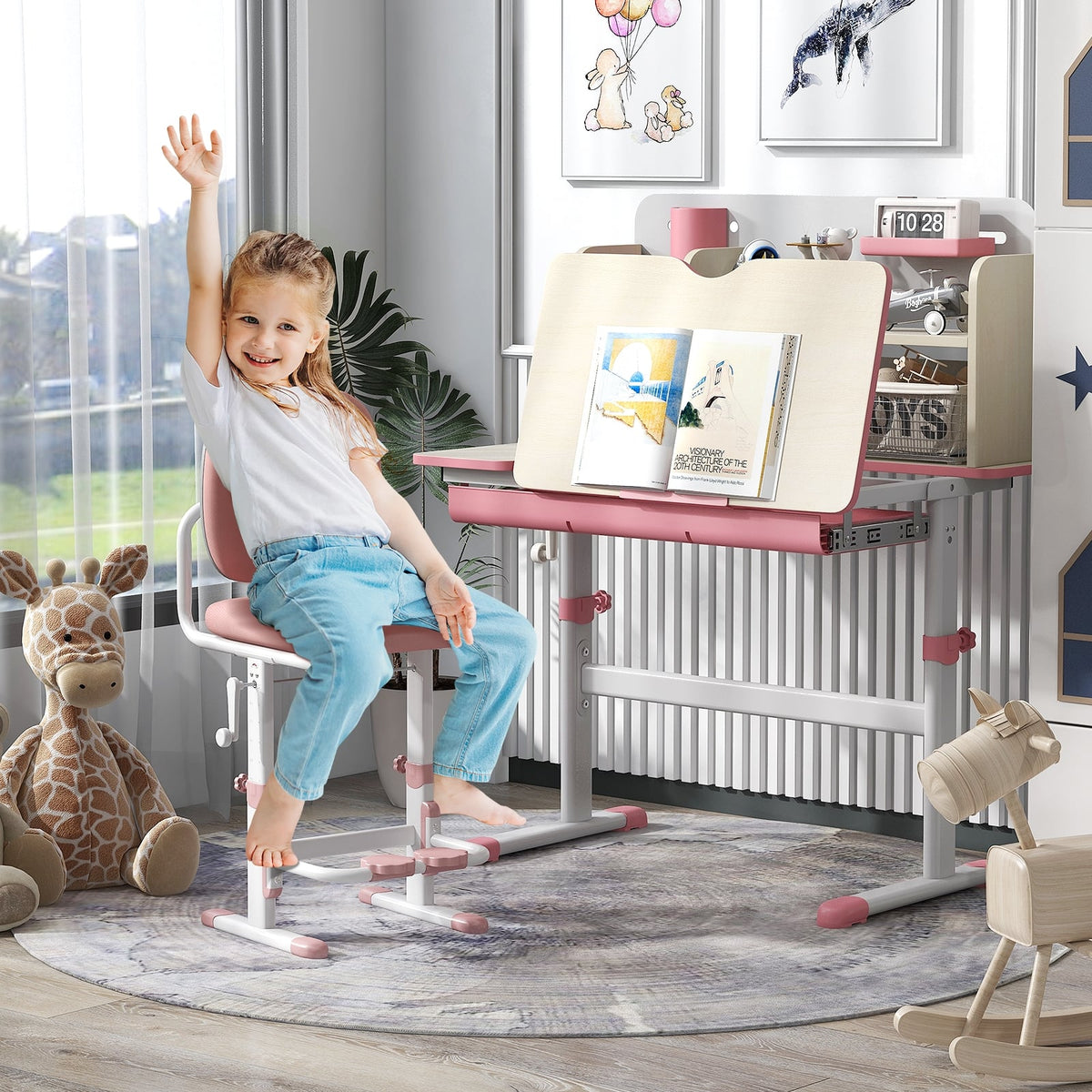 Height Adjustable Kids Study Desk with Tilt Desktop for 3-12 Years Old-Pink-Kids Tables & Chair Sets-DECOROLALA