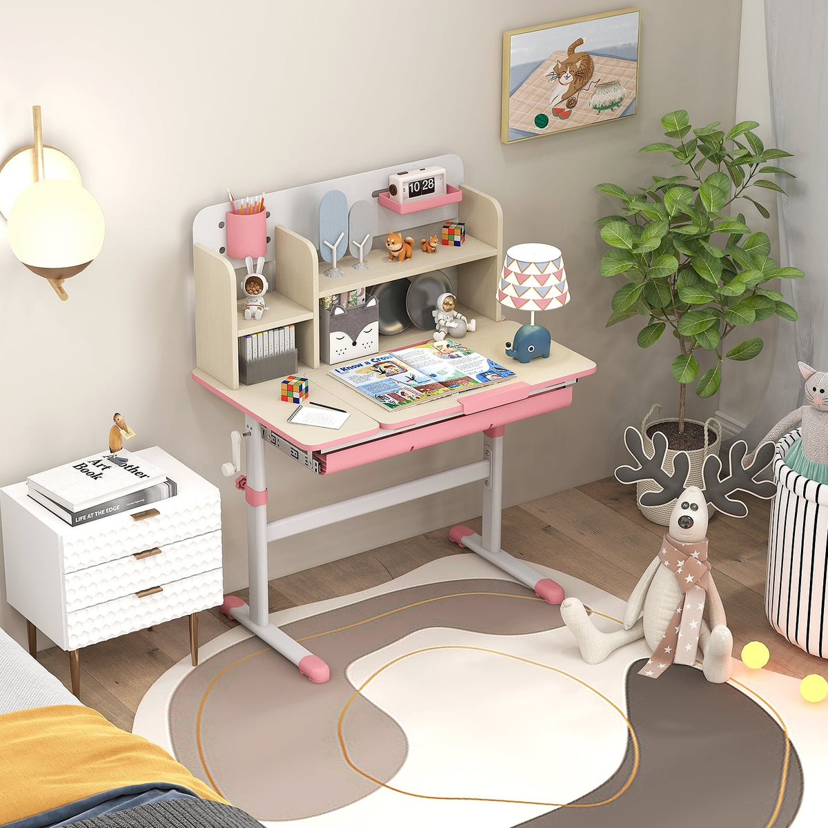 Height Adjustable Kids Study Desk with Tilt Desktop for 3-12 Years Old-Pink-Kids Tables & Chair Sets-DECOROLALA