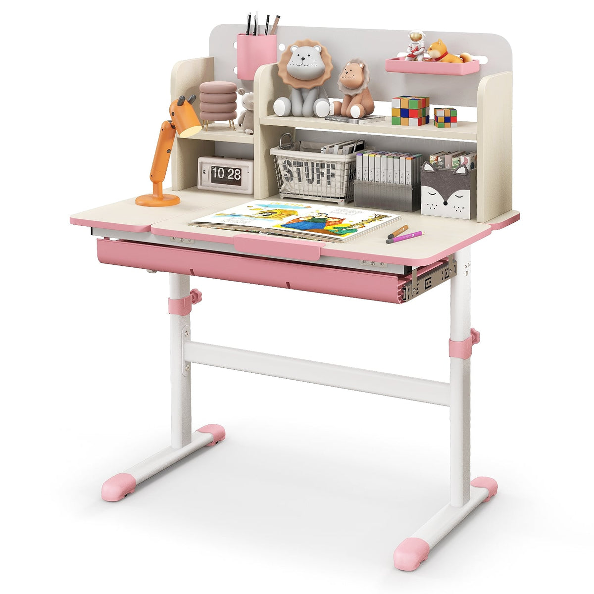 Height Adjustable Kids Study Desk with Tilt Desktop for 3-12 Years Old-Pink-Kids Tables & Chair Sets-DECOROLALA