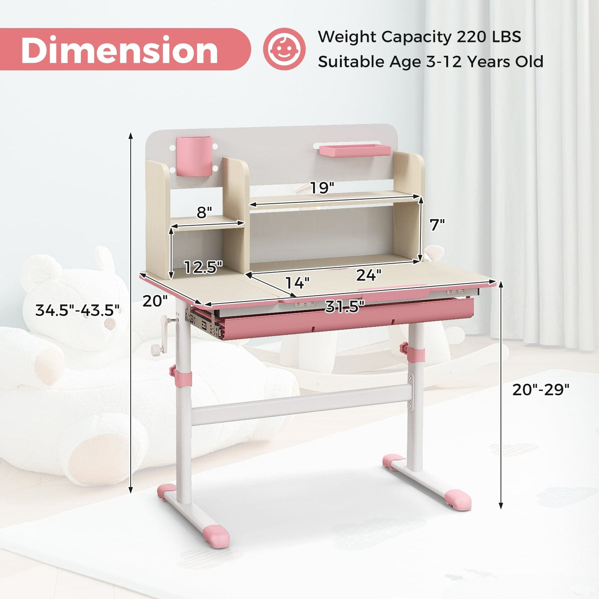 Height Adjustable Kids Study Desk with Tilt Desktop for 3-12 Years Old-Pink-Kids Tables & Chair Sets-DECOROLALA