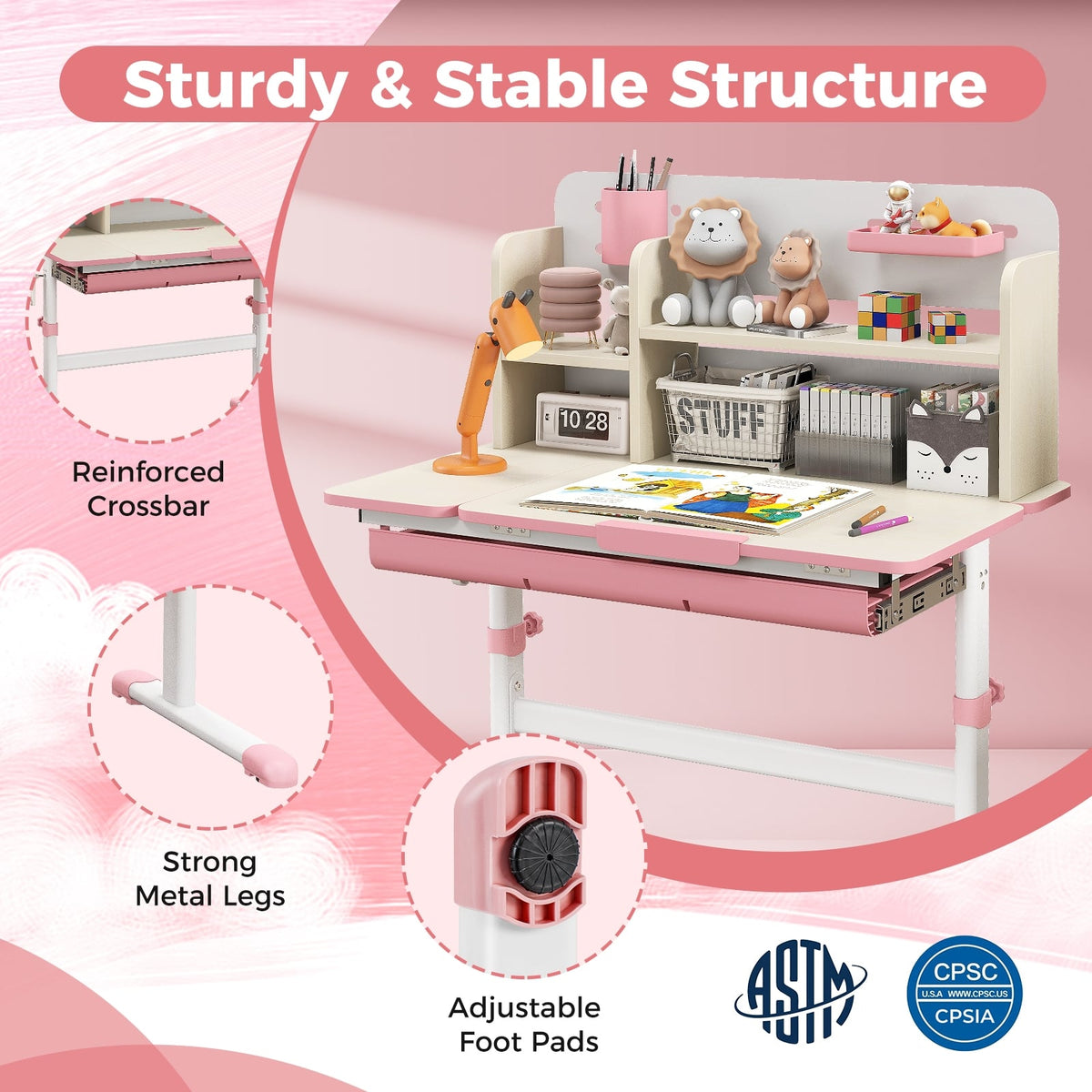 Height Adjustable Kids Study Desk with Tilt Desktop for 3-12 Years Old-Pink-Kids Tables & Chair Sets-DECOROLALA
